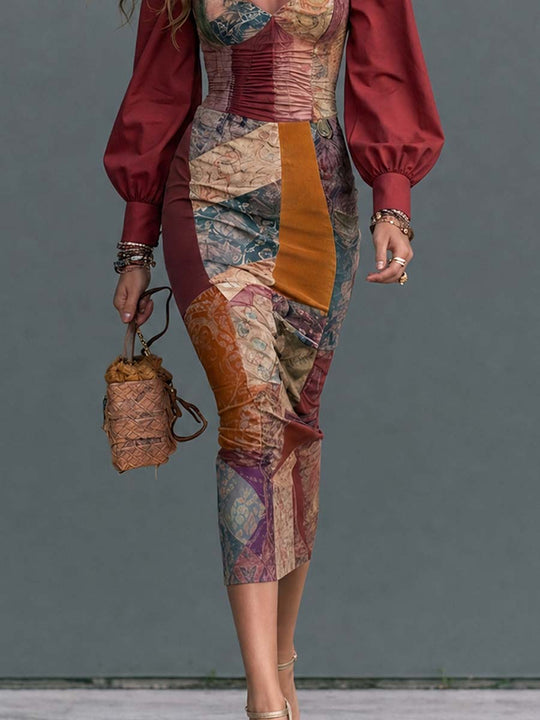 Boho Patchwork Corset Bishop Sleeve Midi Dress