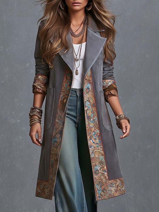 Boho Gray Paisley Trim Longline Lapel Coat