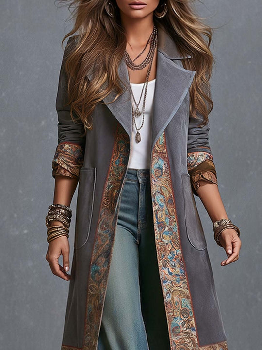 Boho Gray Paisley Trim Longline Lapel Coat