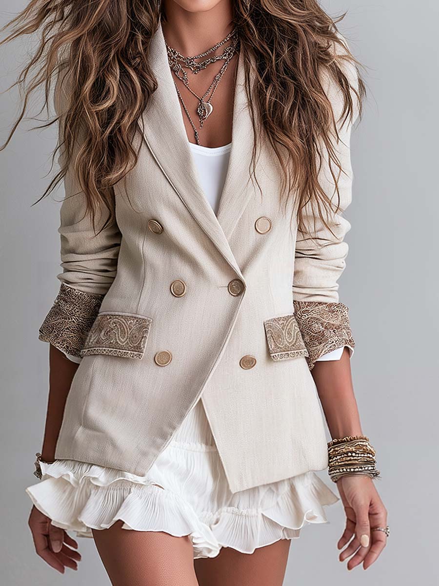 Boho Beige Double-Breasted Blazer With Paisley Cuffs