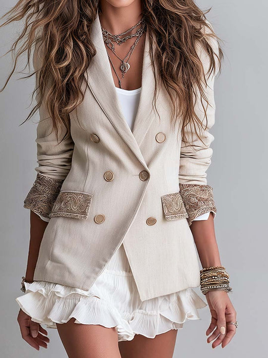 Boho Beige Double-Breasted Blazer With Paisley Cuffs