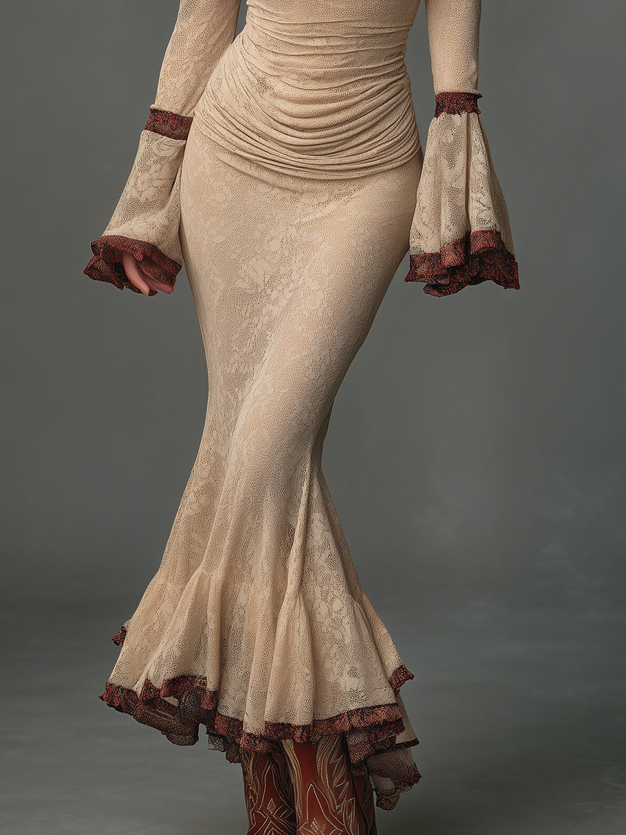 Elegant Draped Neckline Fishtail Hem Lace Maxi Dress