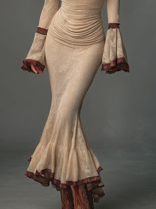 Elegant Draped Neckline Fishtail Hem Lace Maxi Dress