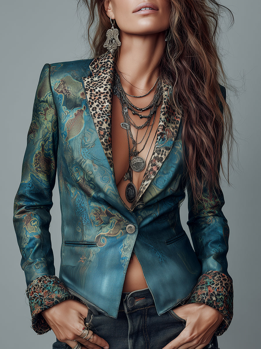 Retro Leopard-print Slim-fit Single-button Blazer With Lapels