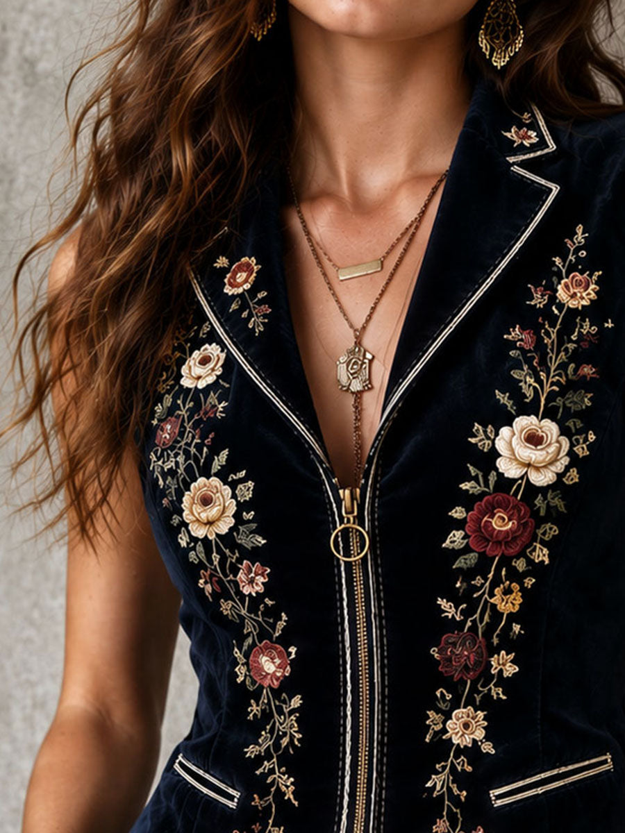 Boho Navy Velvet Floral Embroidery Zipper Waistcoat With Pockets