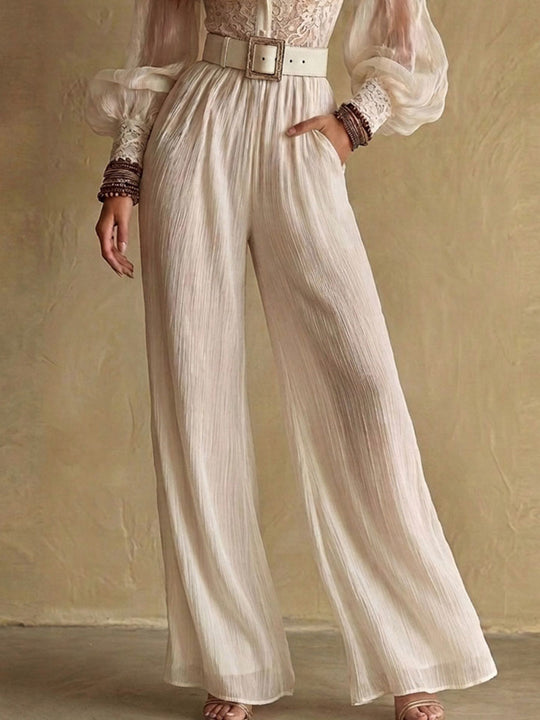 Boho Romantic Cream Lace Patchwork Crinkle Wide Leg Jumpsuit