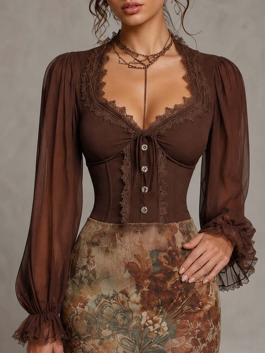 Boho Lace Trim Ruched Corset Top Floral Print Side Slit Mermaid Maxi Dress