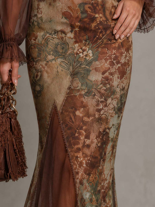 Boho Lace Trim Ruched Corset Top Floral Print Side Slit Mermaid Maxi Dress