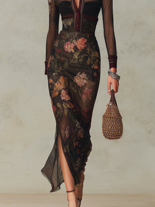 Vintage Oil Painting Print Straight-cut Mesh Maxi Dress With Side Slits