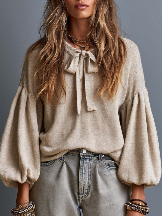 Boho Tie-Neck Balloon Sleeve Knit Sweater