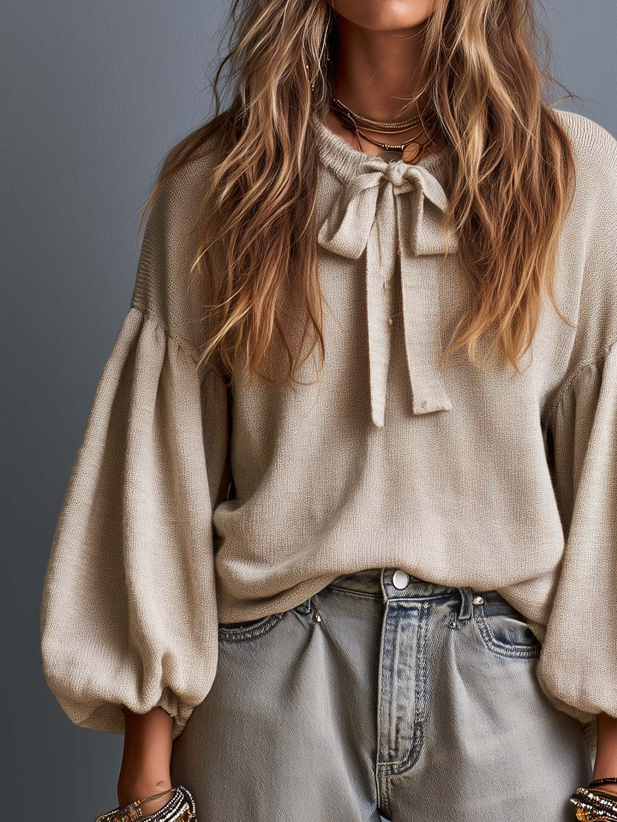 Boho Tie-Neck Balloon Sleeve Knit Sweater