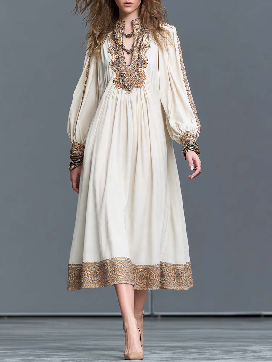 Boho Split Neck Bishop Sleeve Midi Dress
