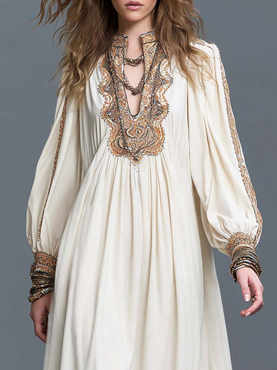 Boho Split Neck Bishop Sleeve Midi Dress