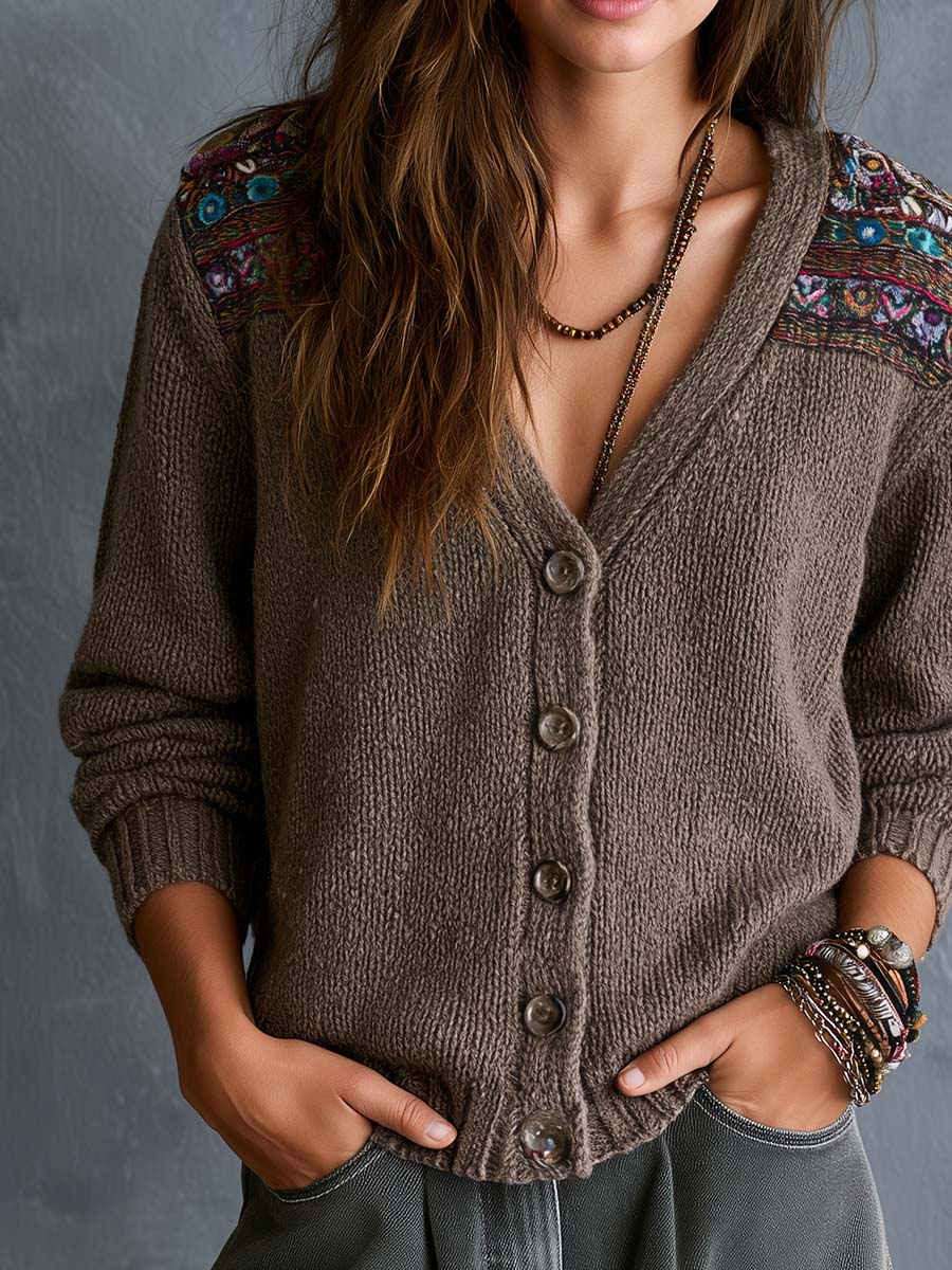Boho V-Neck Button-Front Embroidered Shoulder Knit Cardigan