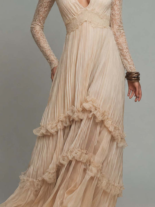 Boho Lace Long Sleeve Waist Lace Trim Ruffle Tiered Pleated Chiffon Maxi Dress