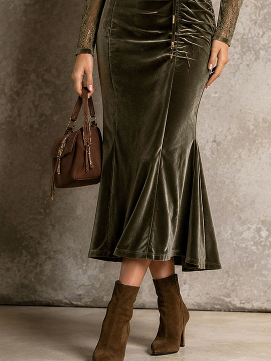 Retro Elegant Olive Velvet Lace Mesh Sleeve Mermaid Midi Dress