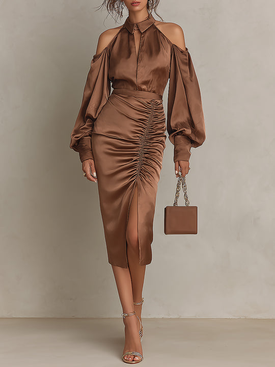 Elegant Shoulder Cut-outs Satin Midi Dress With Side-slit Hem