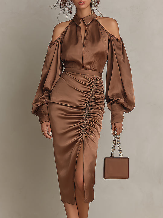 Elegant Shoulder Cut-outs Satin Midi Dress With Side-slit Hem