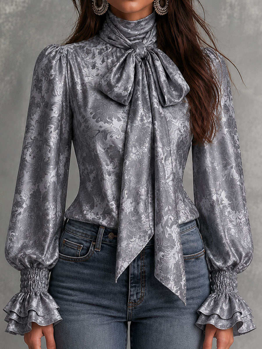 Retro Grey Damask Print Satin Bow Neck Shirred Cuff Ruffle Blouse