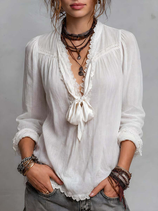 Vintage Lace-trimmed Tie-neck Cotton-linen Blouse