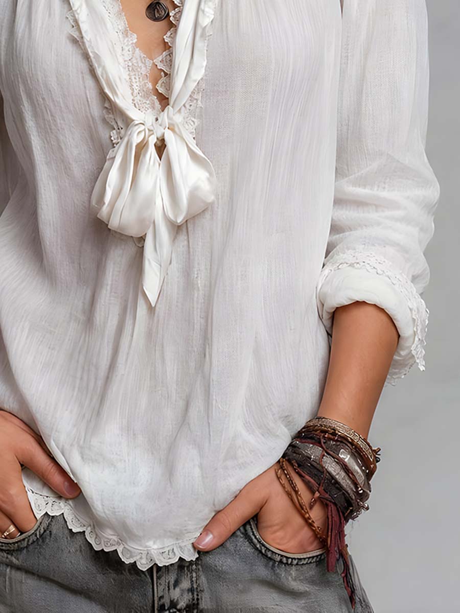 Vintage Lace-trimmed Tie-neck Cotton-linen Blouse