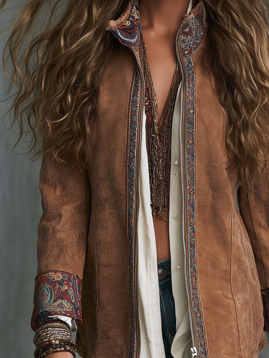 Boho Camel Faux Zip-Up Paisley Trim Jacket