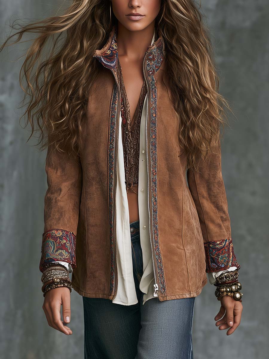 Boho Camel Faux Zip-Up Paisley Trim Jacket