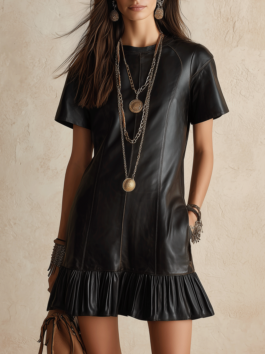 Women's Faux Leather Short Sleeve Ruffle Hem Shift Mini Dress