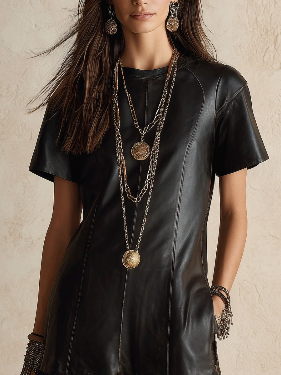 Women's Faux Leather Short Sleeve Ruffle Hem Shift Mini Dress