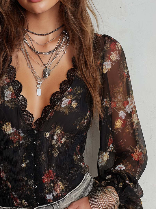 Vintage-style Floral Chiffon Blouse With Sheer Sleeves