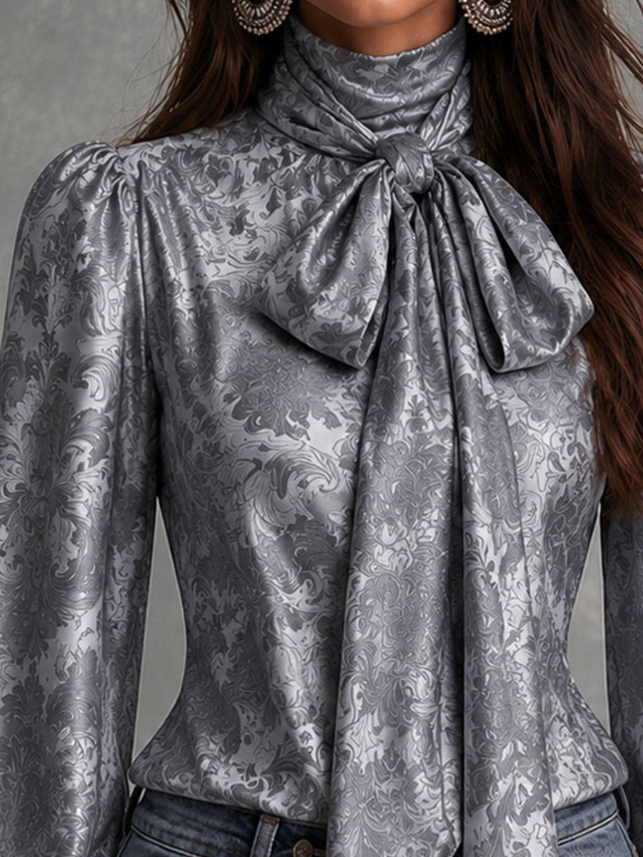 Retro Grey Damask Print Satin Bow Neck Shirred Cuff Ruffle Blouse