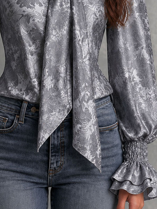 Retro Grey Damask Print Satin Bow Neck Shirred Cuff Ruffle Blouse