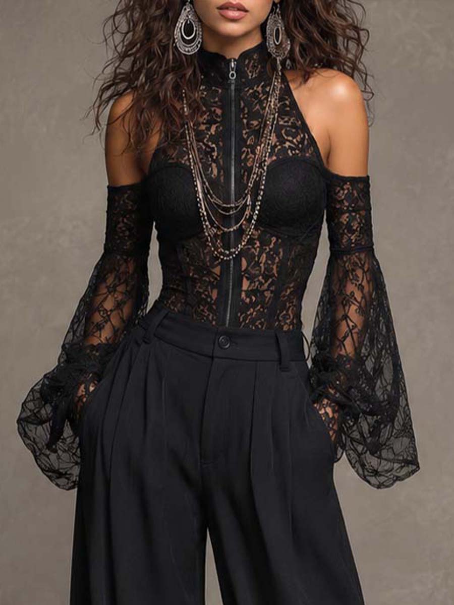 Off Shoulder Bell Sleeve Full Zip High Neck Lace Corset Waist Wide Leg Jumpsuit