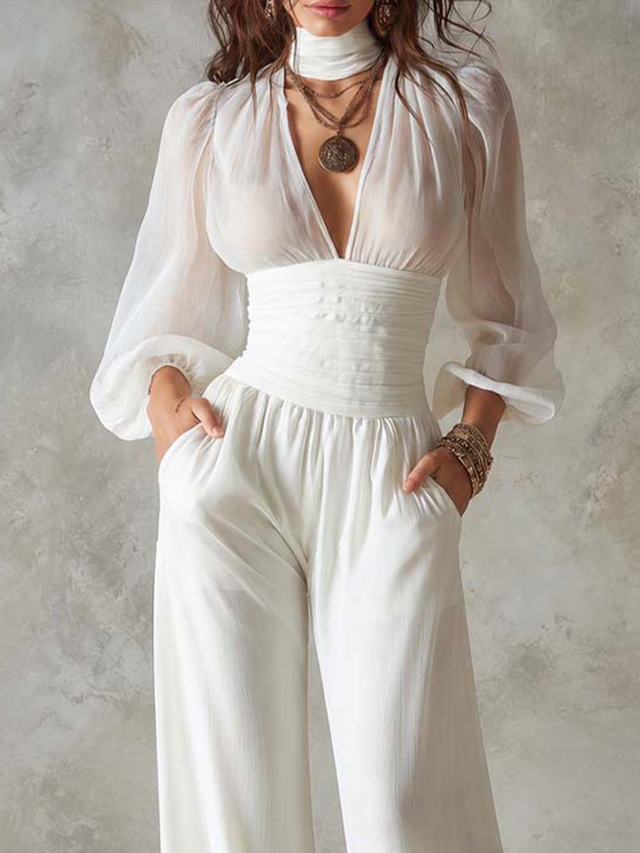 High Neck Puff Cuff Sleeve Smocked Waist Pocket Wide Leg Crinkled Chiffon Jumpsuit