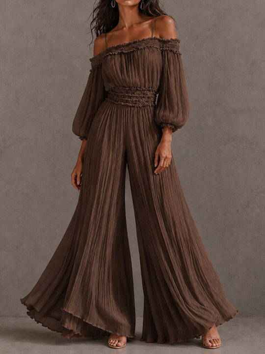 Boho Brown Crinkle Off Shoulder Ruffle Smocked Waist Wide Leg Jumpsuit