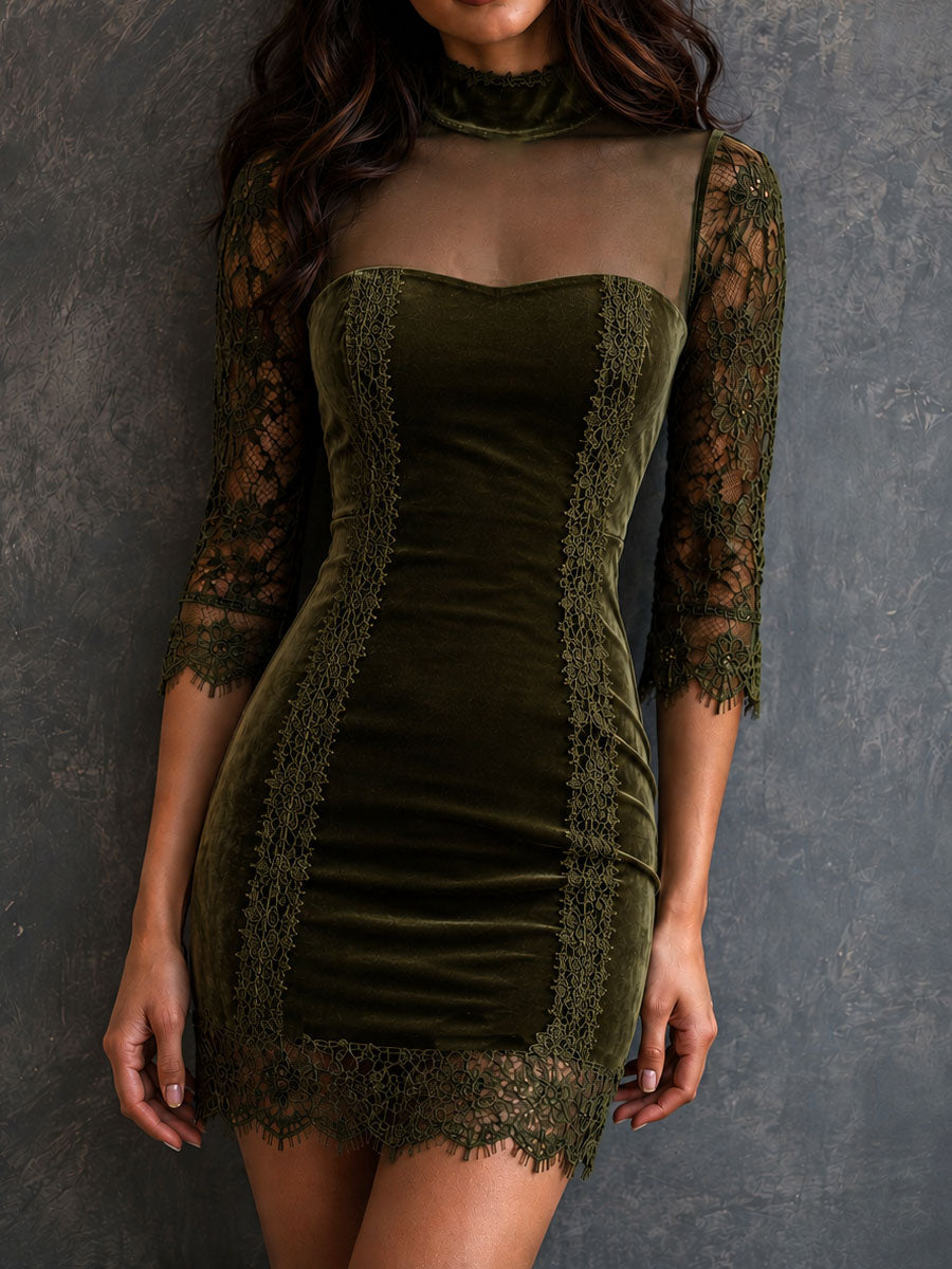 Retro Olive Velvet Mesh High Neck Lace Panel Mini Dress