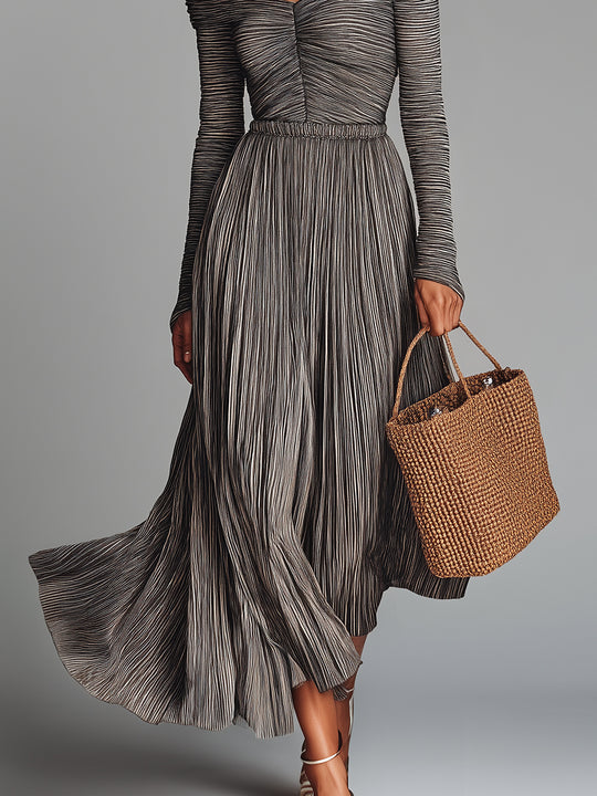 Boho Off-the-shoulder Striped A-line Pleated Maxi Dress