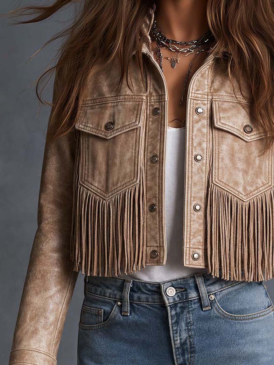 Western Faux Leather Fringe Cropped Jacket