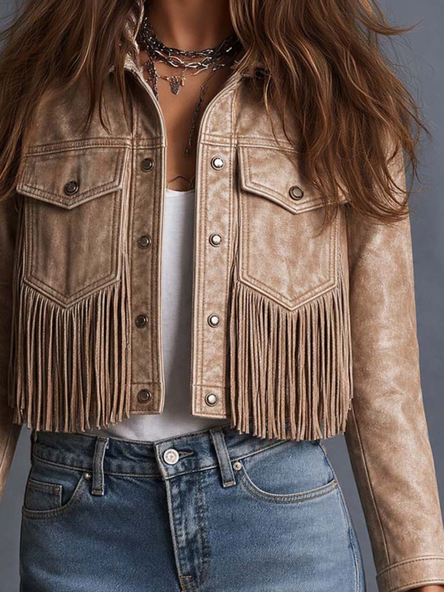 Western Faux Leather Fringe Cropped Jacket