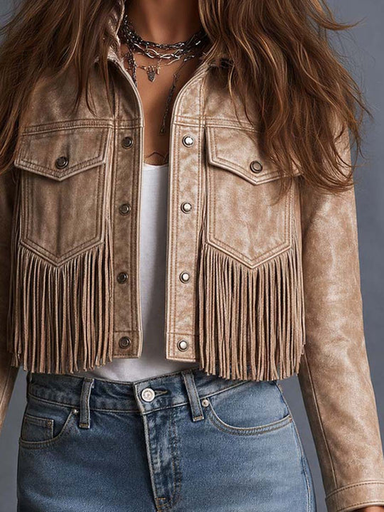 Western Faux Leather Fringe Cropped Jacket