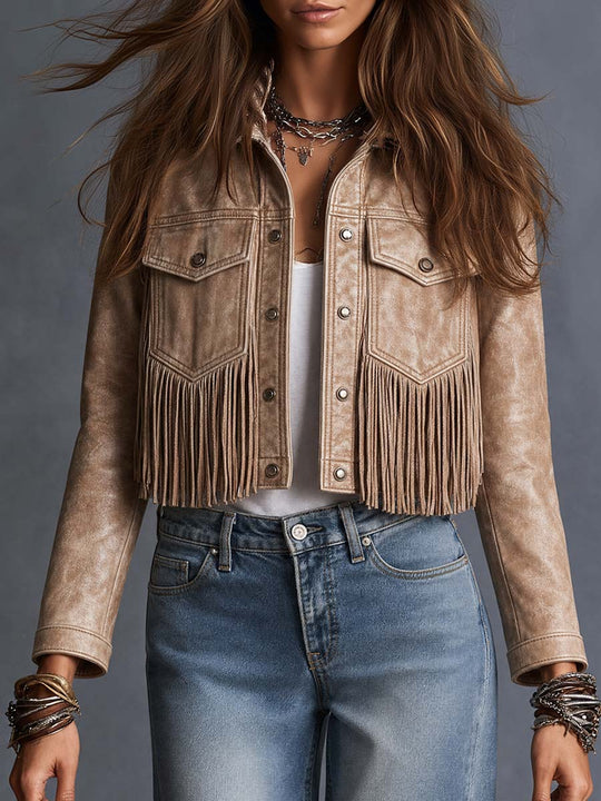 Western Faux Leather Fringe Cropped Jacket