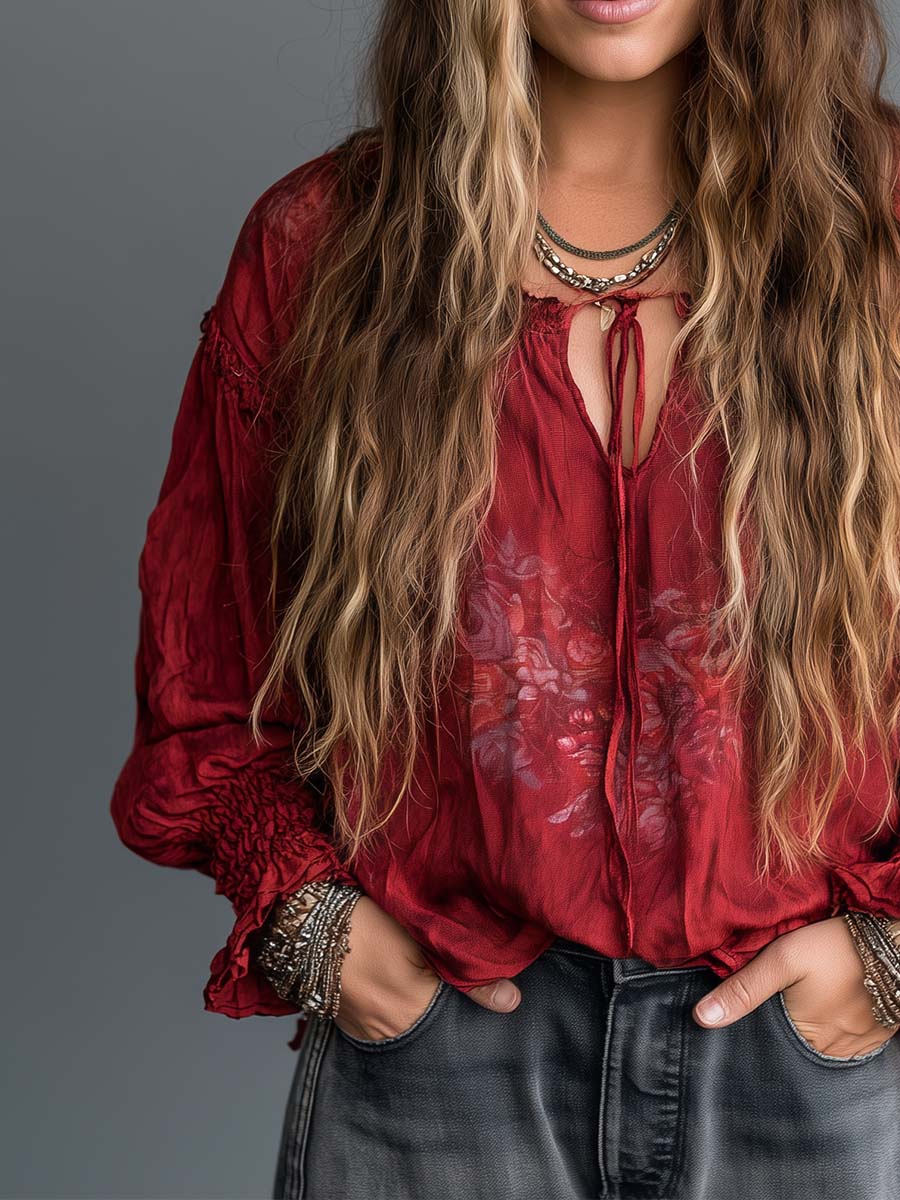 Boho Red Tie-Neck Smocked Cuff Blouse