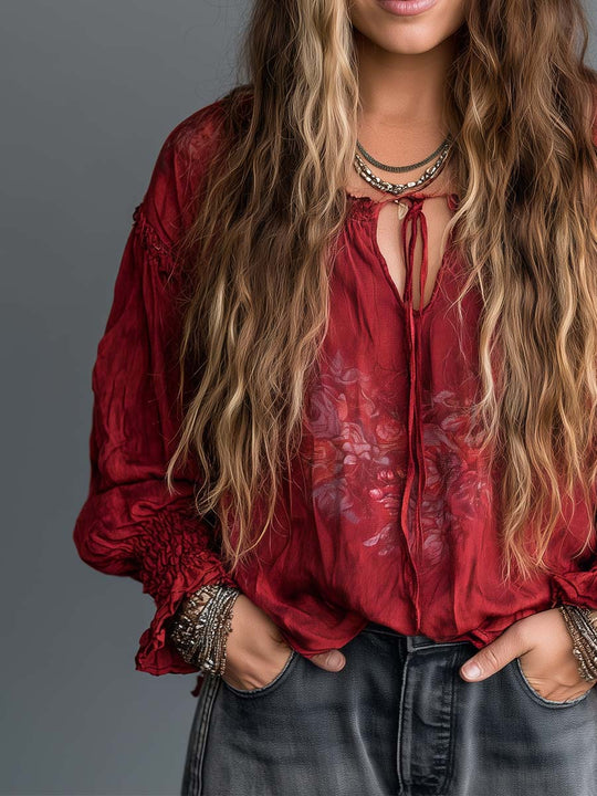 Boho Red Tie-Neck Smocked Cuff Blouse
