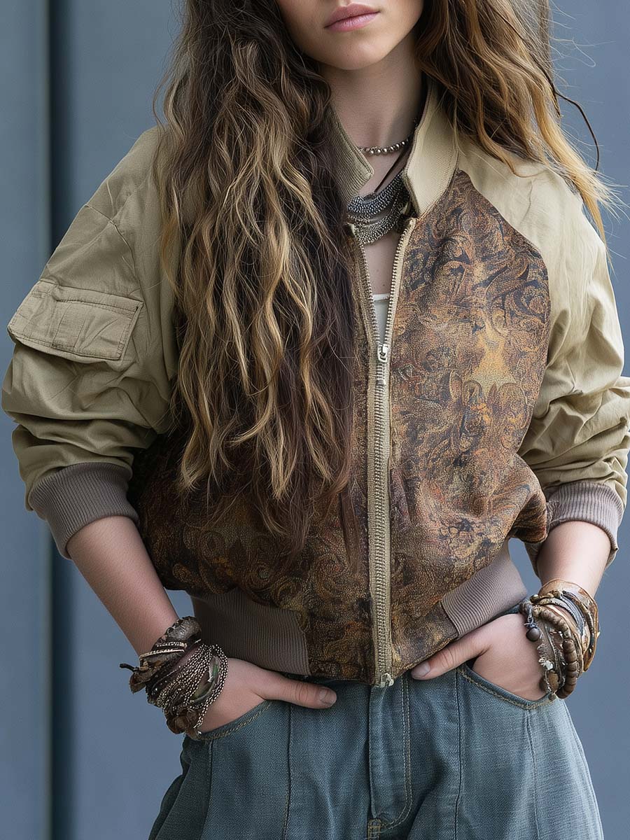 Boho Paisley Patchwork Zip-Up Bomber Jacket