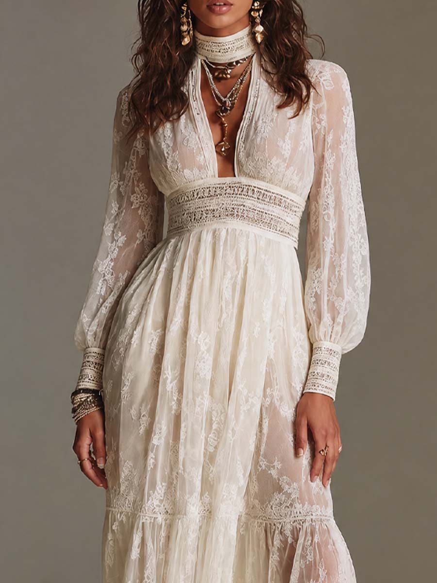 Boho High Neck Keyhole Cutout Smocked Waist Tiered Ruffle Lace Maxi Dress