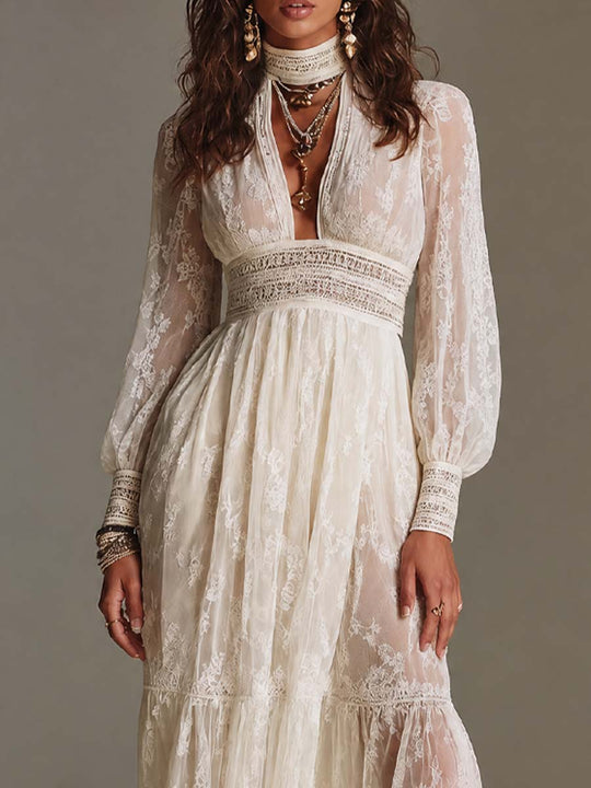 Boho High Neck Keyhole Cutout Smocked Waist Tiered Ruffle Lace Maxi Dress
