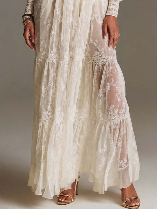 Boho High Neck Keyhole Cutout Smocked Waist Tiered Ruffle Lace Maxi Dress
