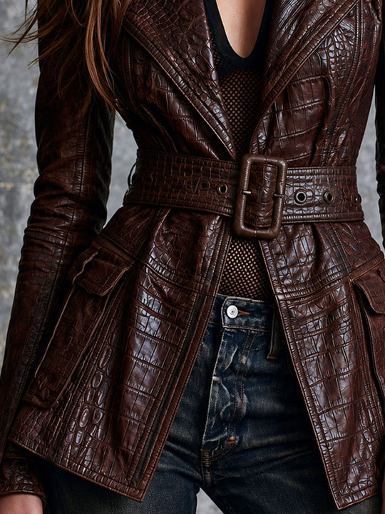 Retro Brown Croc Embossed Faux Leather Lapel Belted Moto Jacket
