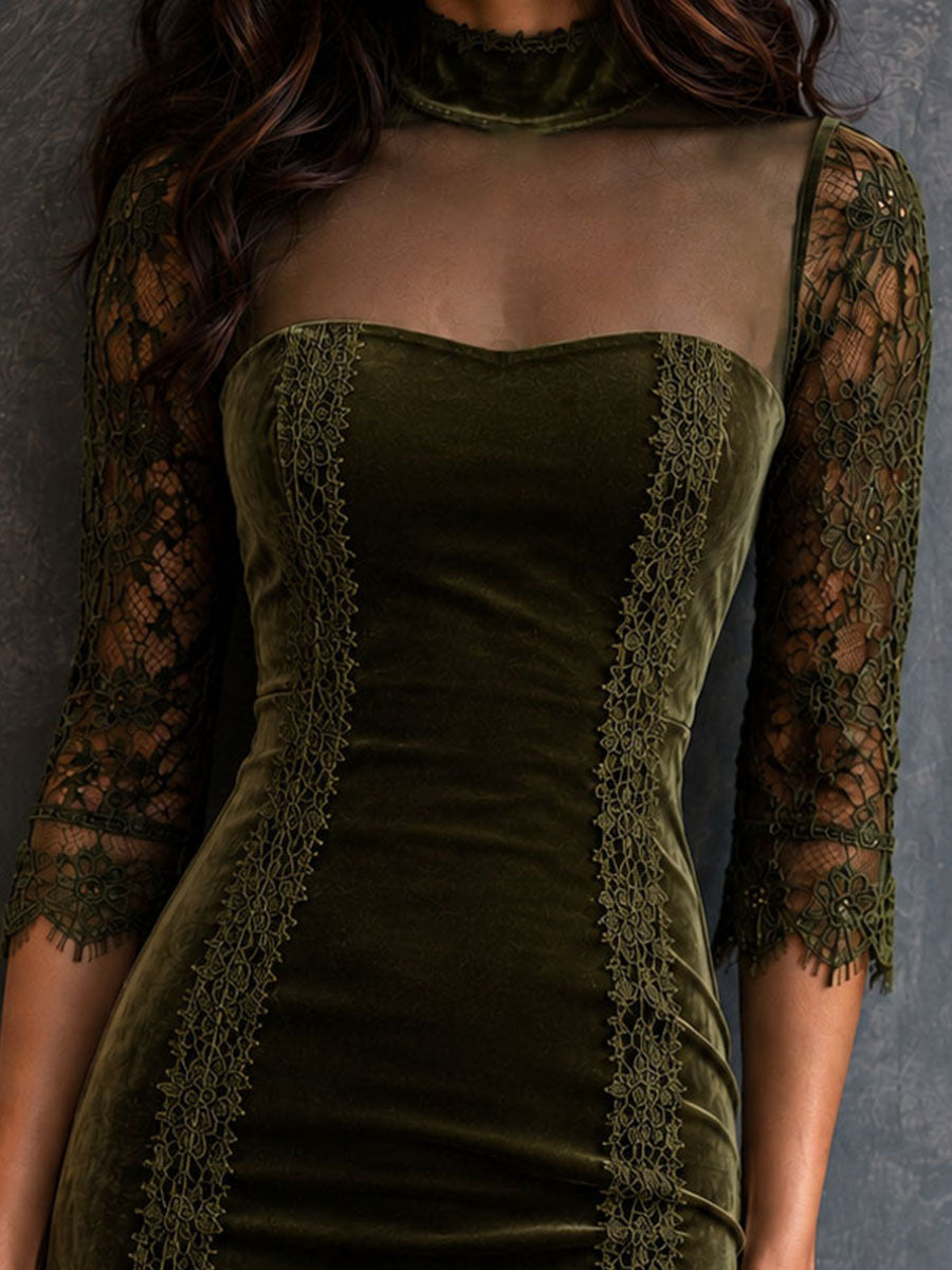 Retro Olive Velvet Mesh High Neck Lace Panel Mini Dress