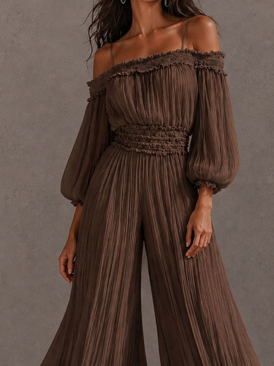 Boho Brown Crinkle Off Shoulder Ruffle Smocked Waist Wide Leg Jumpsuit